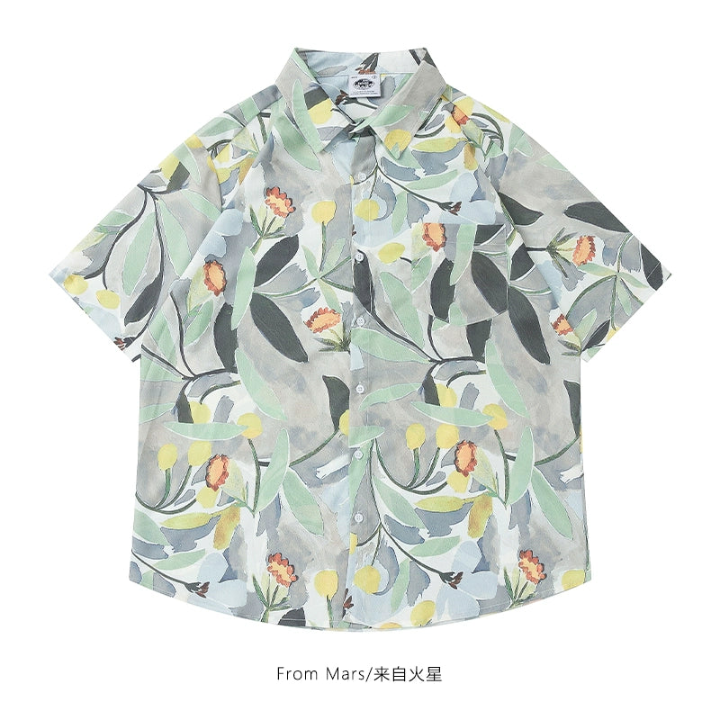 Japanese retro floral full-print short-sleeved shirt tide oversize lovers cardigan