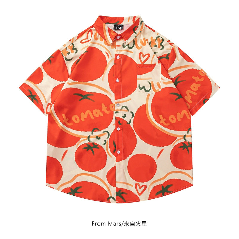 Harajuku wind ins red apricot color white shirt fruit full print lazy summer tide