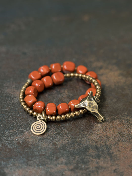 Irregular Red Stone Double-Ring Bracelet – Vintage Unisex Jewelry