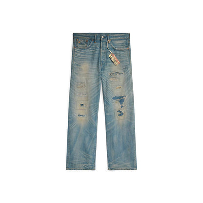 25SS Double R Japanese casual distressed vintage destruction embroidery reshuffled ripped straight-leg denim trousers