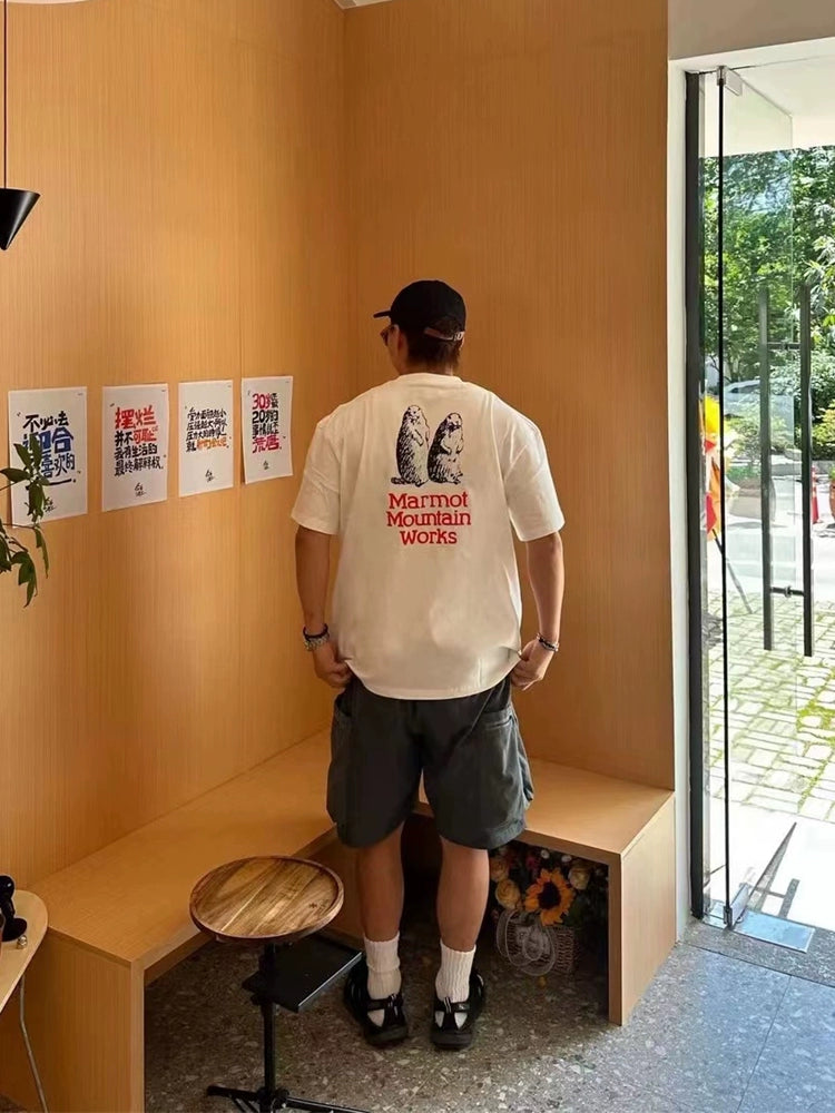 Joint groundhog print loose casual heavyweight short sleeve T-shirt for men