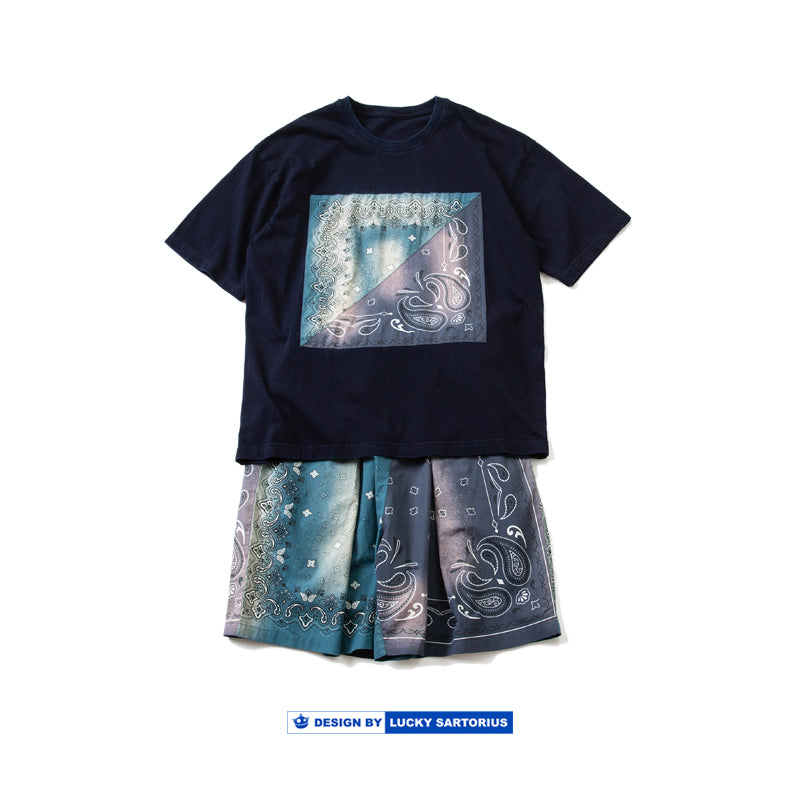 Indigo dyed short-sleeved T-shirt starry tie-dyed patch loose summer cotton half-sleeve T-shirt