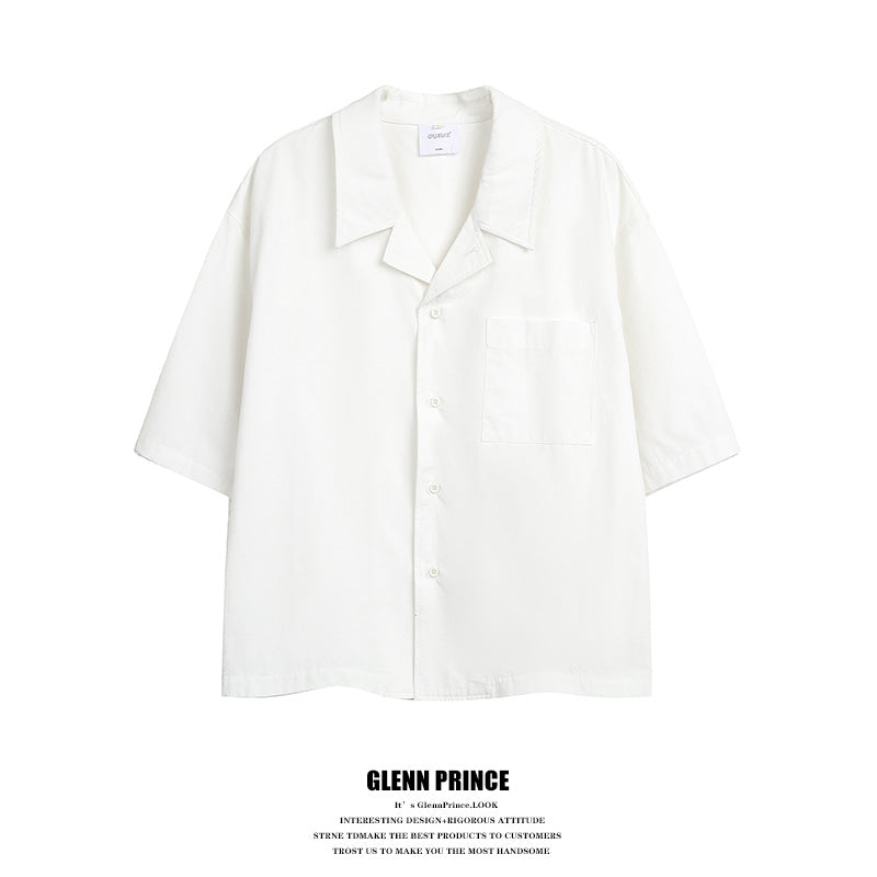 Korean version solid color Cuban collar short sleeve shirt men's summer cleanfit cropped non-iron ice silk shirt