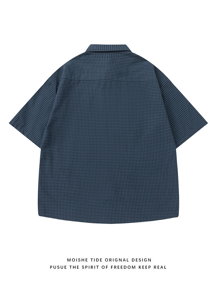 Japanese vintage plaid short-sleeve shirt for men and women, summer loose versatile, high-end shirt trend