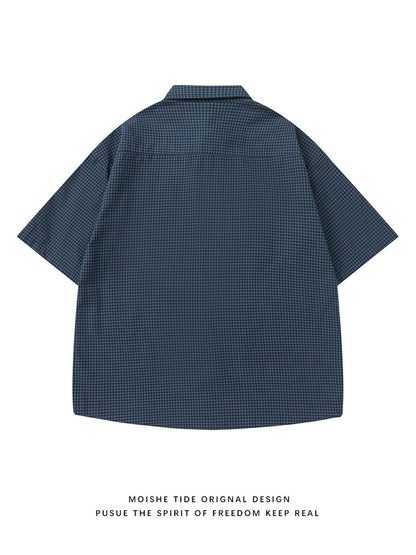 Japanese vintage plaid short-sleeve shirt for men and women, summer loose versatile, high-end shirt trend