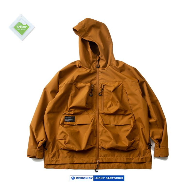 Multi-pocket hooded jacket youth loose raglan sleeves waterproof windproof coat men