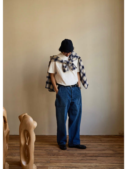 SS26 Navy Denim Jeans - Yamalin Vintage Washed 13oz Bamboo Weave Deck Jeans