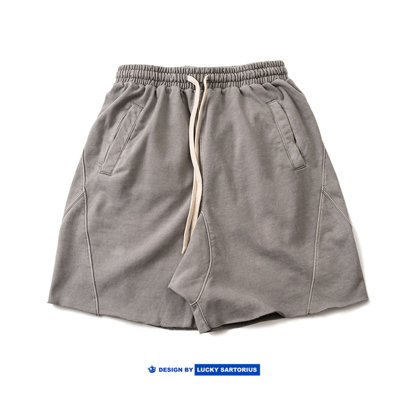 High gram heavy wash American vintage BF lazy style drawstring panelled athleisure loose shorts for men and women