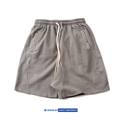 High gram heavy wash American vintage BF lazy style drawstring panelled athleisure loose shorts for men and women