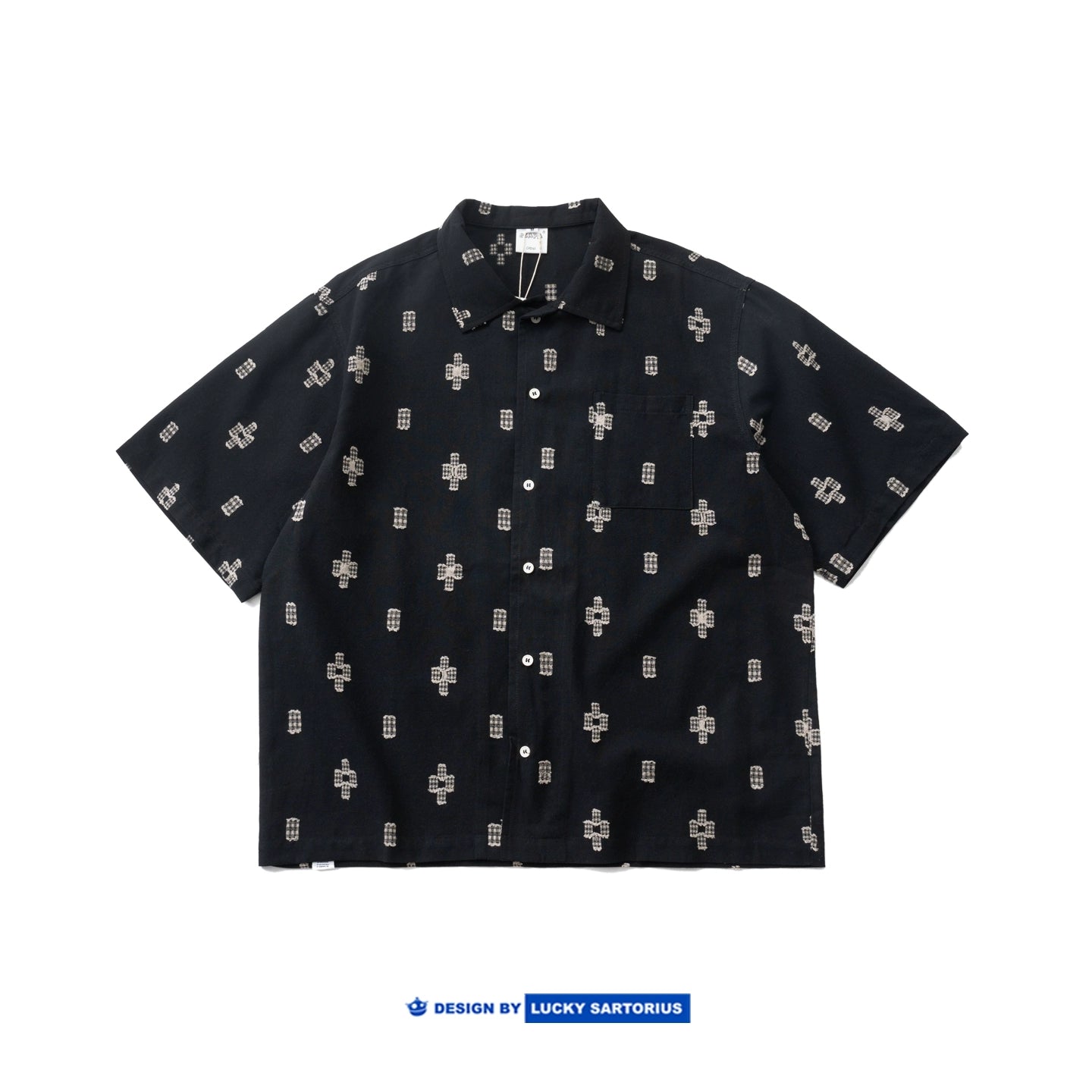 Japanese vintage geometric cut flower short sleeve shirt summer casual loose cuban collar short sleeve shirt jacket for men and women