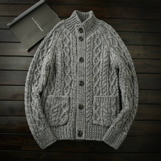 Blockbuster continues! All-wool cardigan! Italian order men's fall/winter stand-up collar thickened knitted sweater jacket