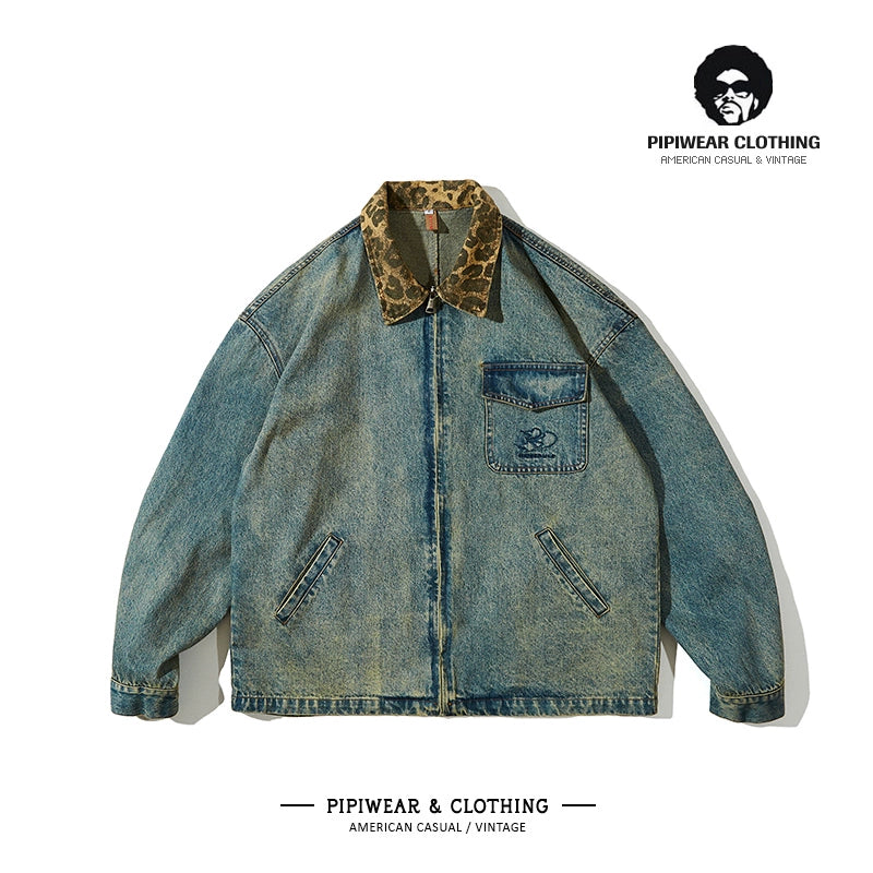 Japanese vintage autumn wash distressed denim jacket men's autumn fashion brand leopard print lapel patchwork embroidered jacket