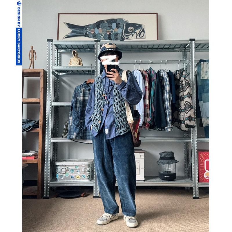 Japanese retro men's pants, thick pit strips, high gram weight, indigo wash, corduroy, casual loose small foot cargo pants, men and women