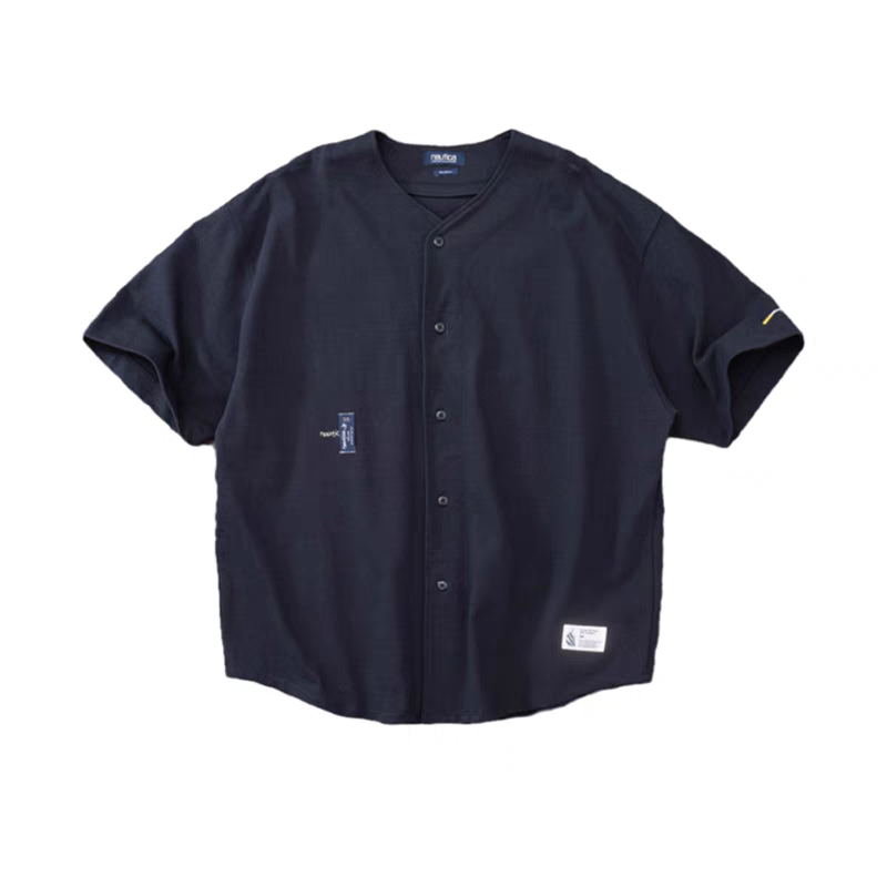 Japanese heavy solid color casual short sleeve cityboy loose silhouette baseball shirt