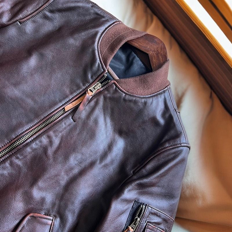 Vintage Cowhide MA-1 Flight Jacket – Hand-Polished Dark Brown Leather