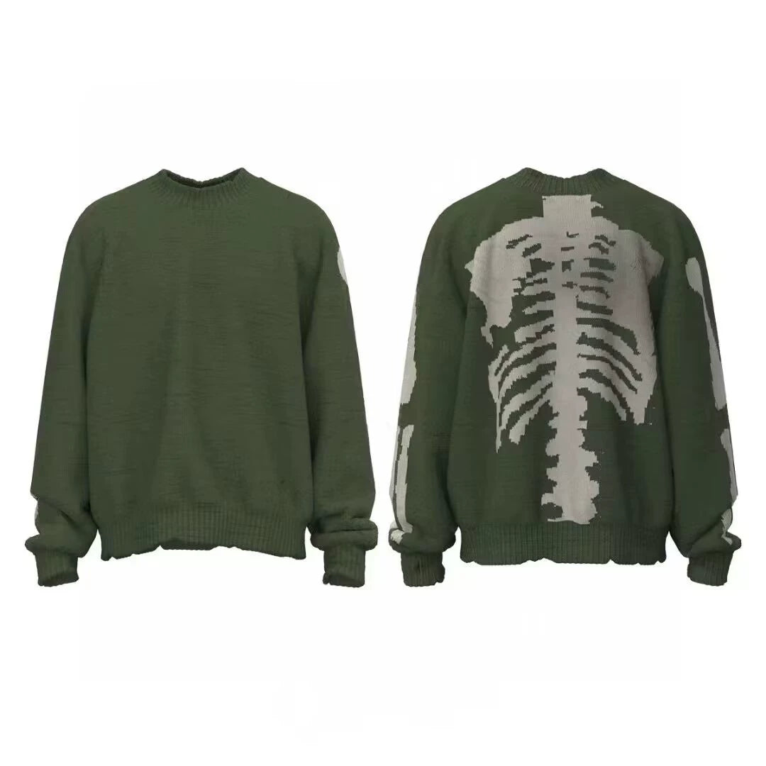 Back skeleton jacquard hole long sleeve loose pullover sweater men and women trendy