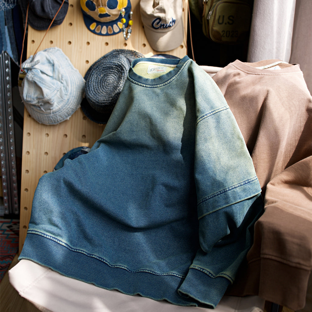 Japanese men's heavy washing fake two-piece sleeve round collar pullover long-sleeved sweater