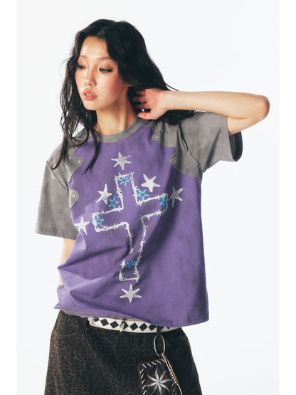 Irregularly patterned patchwork short-sleeved T-shirt – Japanese vintage | yamalin clothes | Yamalinclothes