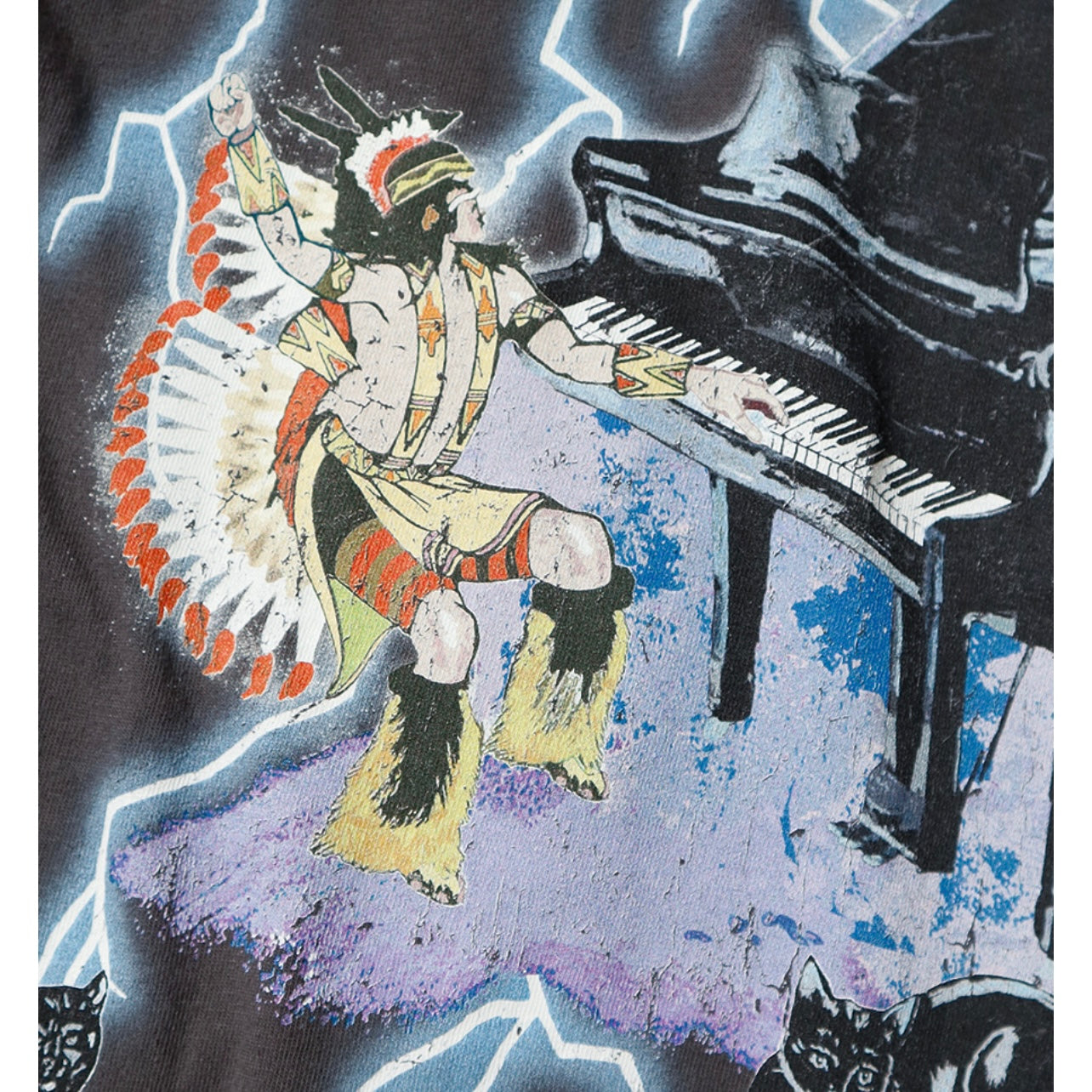 Japanese casual lightning print wash distressed crewneck short-sleeved T-shirt