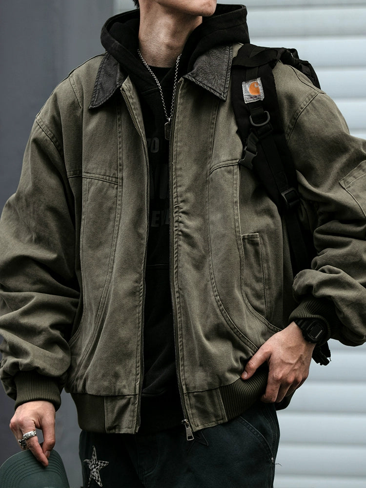 Vintage Washed Leather-Collar Cargo Jacket – Loose Barn Style (Unisex)