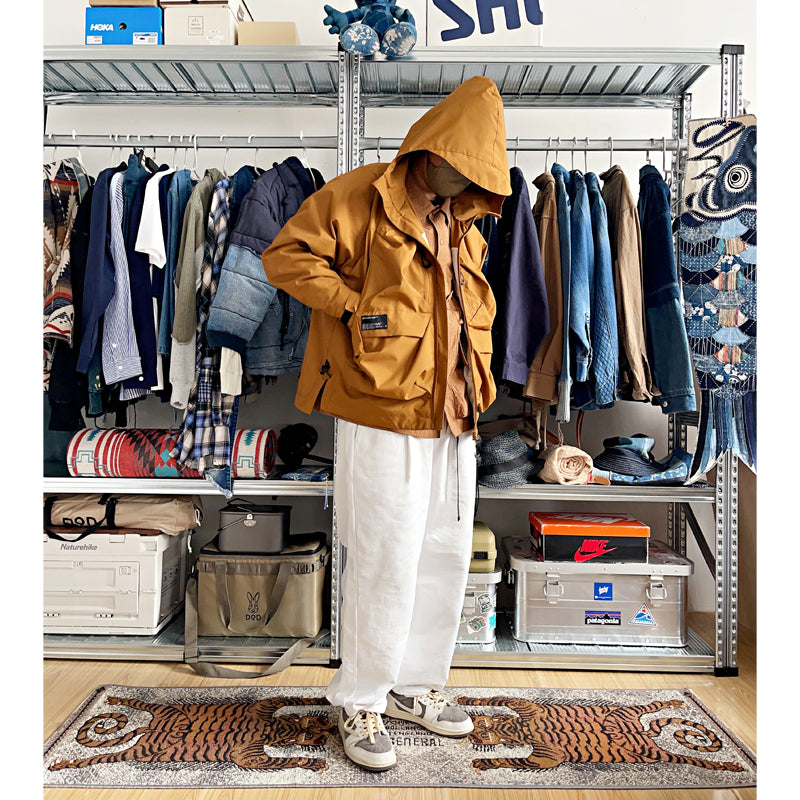 Multi-pocket hooded jacket youth loose raglan sleeves waterproof windproof coat men