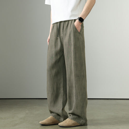 Premium Tencel linen pants, men's summer thin breathable lyocell slacks, loose straight wide-leg scimitar pants