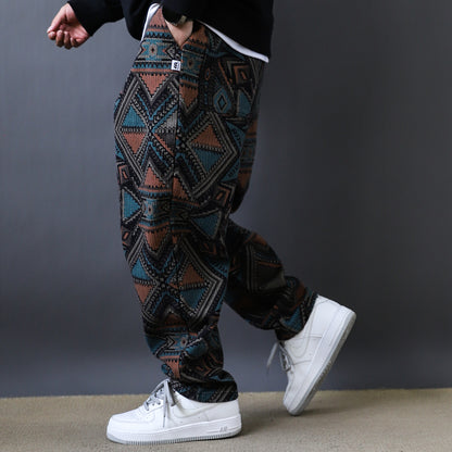 2025 Pound Ounce Ethnic Style Print Loose Tapered Trousers Men's Street Skateboarding Niche Vintage Jeans