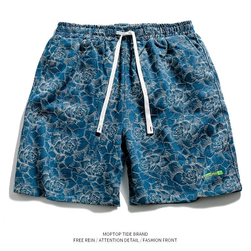 retro rose jacquard texture casual denim shorts men ins street hip-hop straight