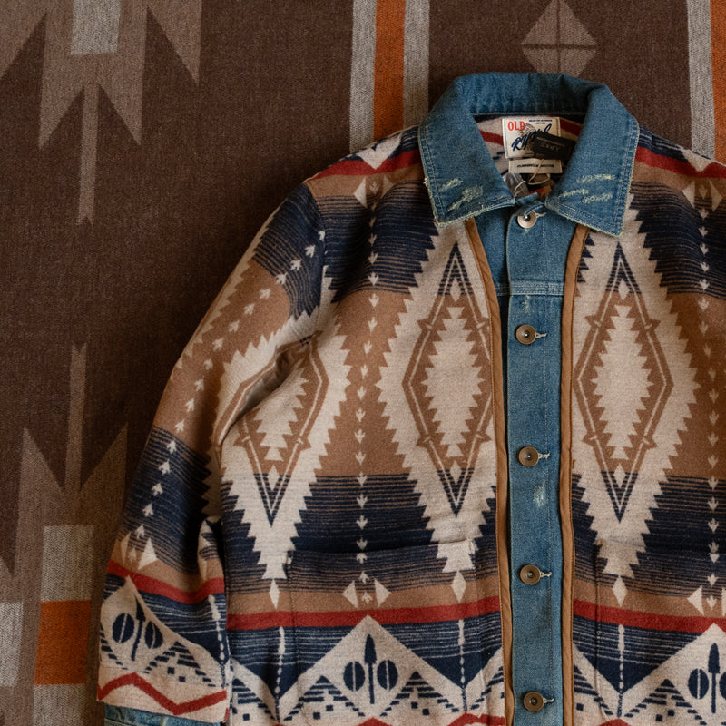 Japanese retro ethnic style woolen denim multi-material stitching deconstructed fake two-piece design jacket jacket men's and women's trend