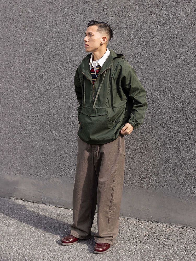 WATERPROOF HOODED PULLOVER JACKET RETRO MIDI SOLID COLOR WATERPROOF ARMY GREEN JAPANESE 2024 NEW