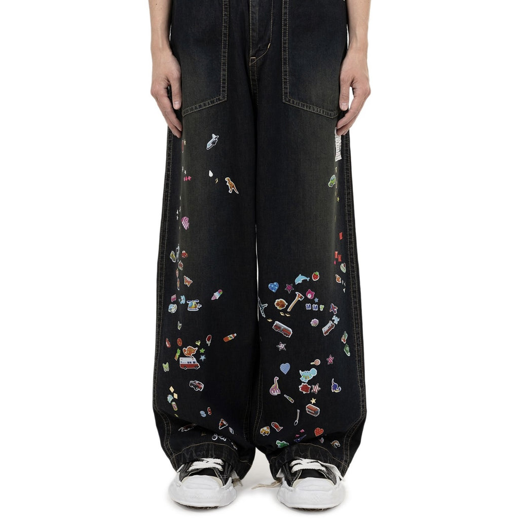 Japanese wash water old fun print jeans wide leg pants