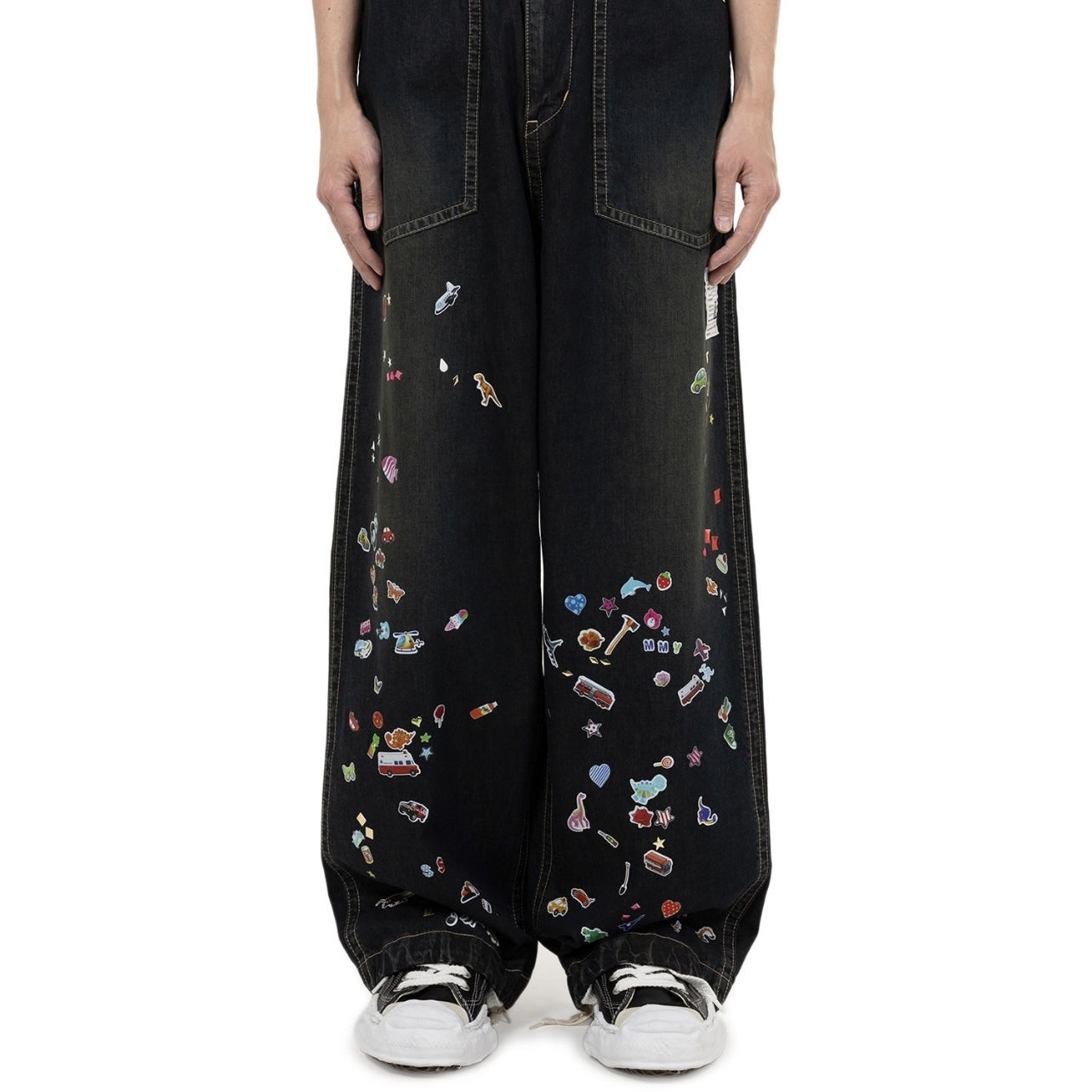 Japanese wash water old fun print jeans wide leg pants