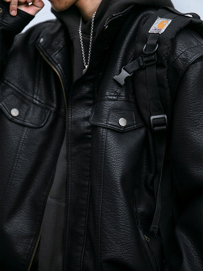 American Vintage Pebbled Leather Moto Jacket – Oversized Stand Collar Men's Coat