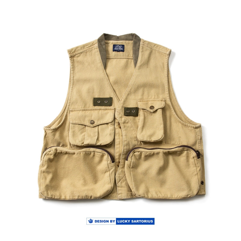 Japanese vintage outdoor hunting outfit multi-pocket cargo vest heavy wash texture young men's coat vest