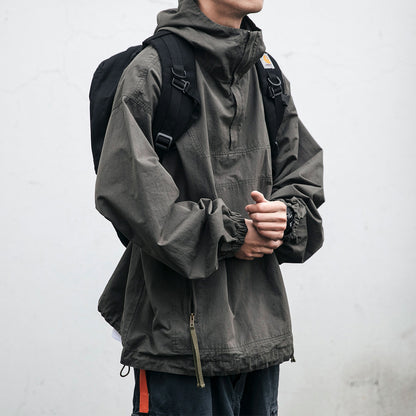 Washed Hooded Half-Zip Pullover Jacket – Japanese Vintage Oversized Unisex