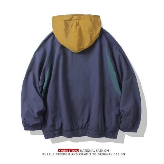 Spring and autumn new color-blocking stand-up collar jacket men's loose casual versatile cargo jacket trendy Japanese men's charging top