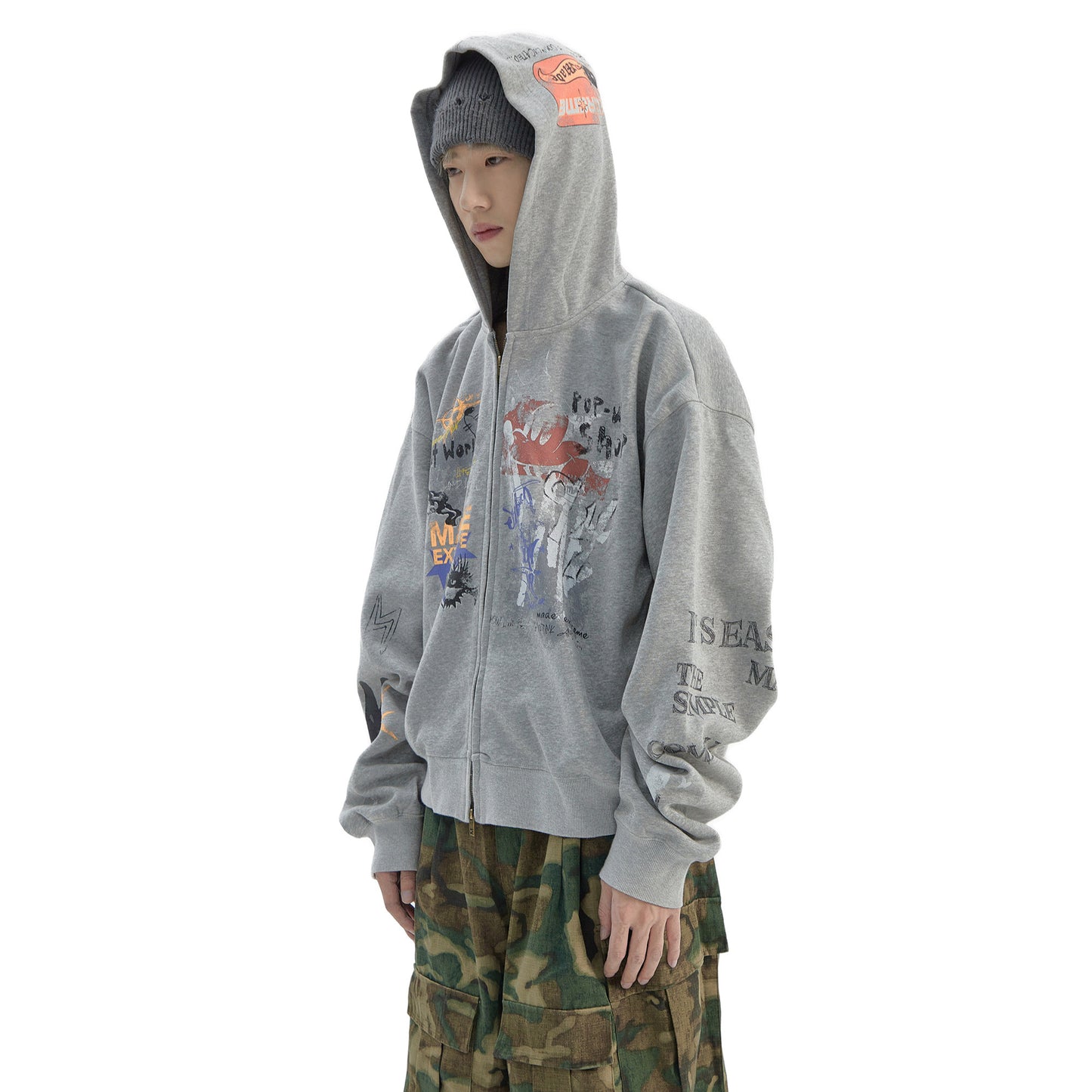 Vintage Distressed Letter Print Zip-Up Hoodie – Oversized Hip-Hop Sweatshirt