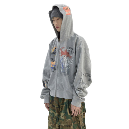 Vintage Distressed Letter Print Zip-Up Hoodie – Oversized Hip-Hop Sweatshirt