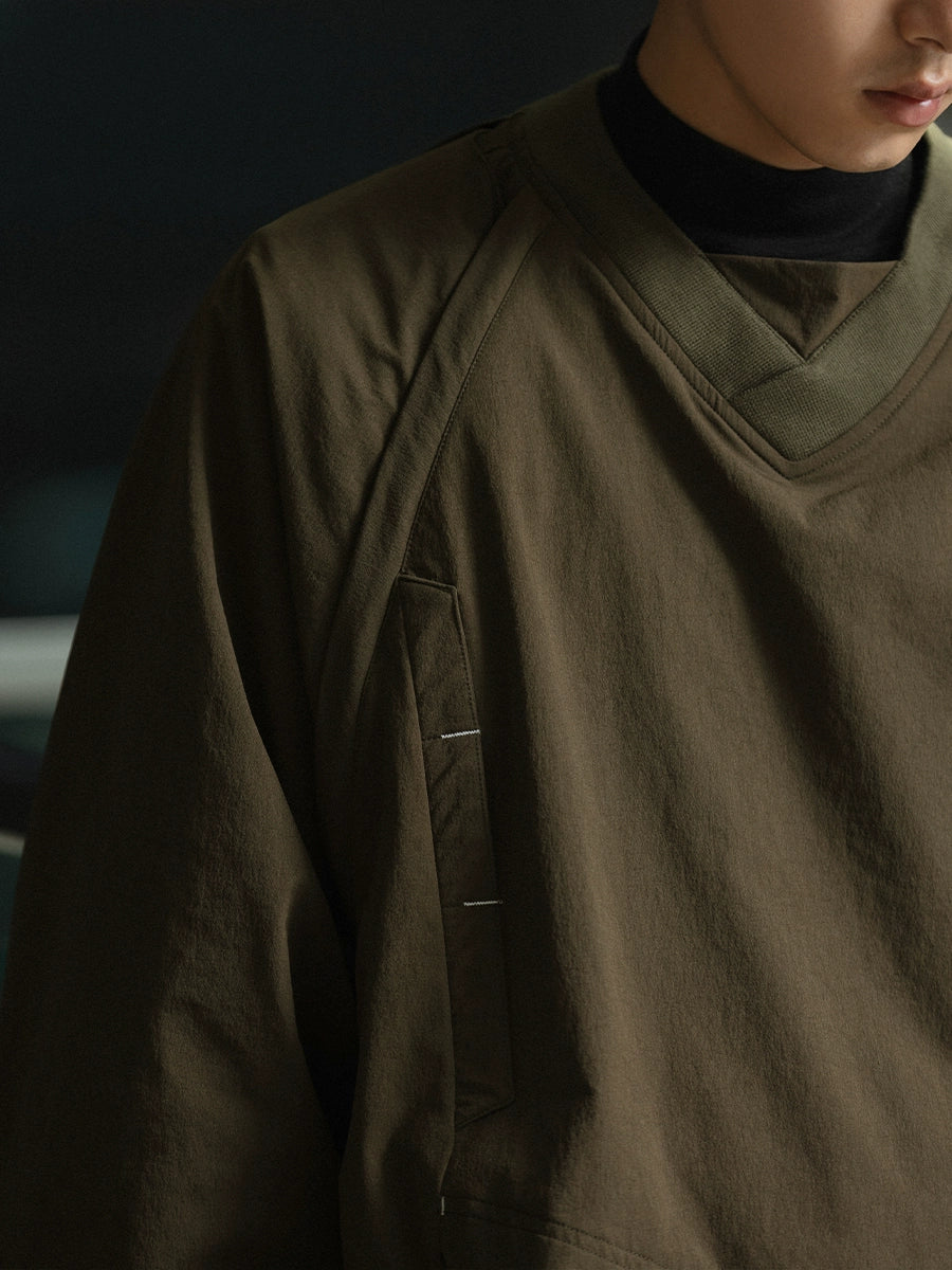 Army Green Heavy Outdoor Hooded Sweatshirt – Removable Sleeves V-Neck Nylon (Unisex)