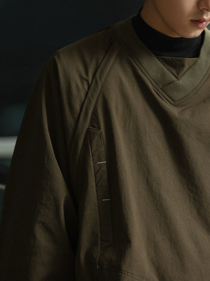 Army Green Heavy Outdoor Hooded Sweatshirt – Removable Sleeves V-Neck Nylon (Unisex)