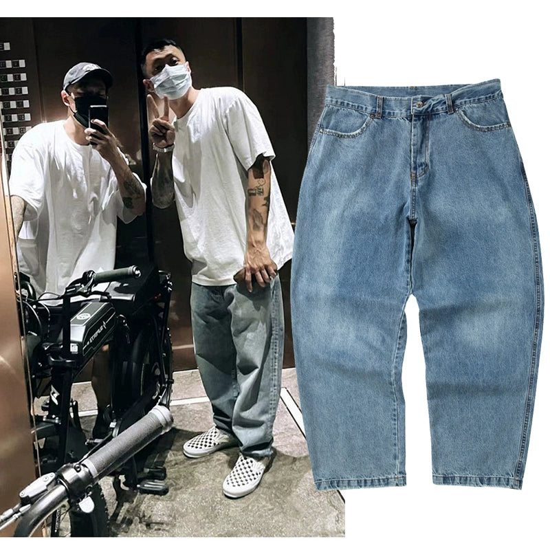 fashion brand jeans for men, washed and worn straight and worn Hong Kong style overalls