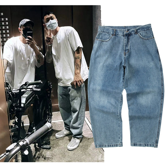 fashion brand jeans for men, washed and worn straight and worn Hong Kong style overalls