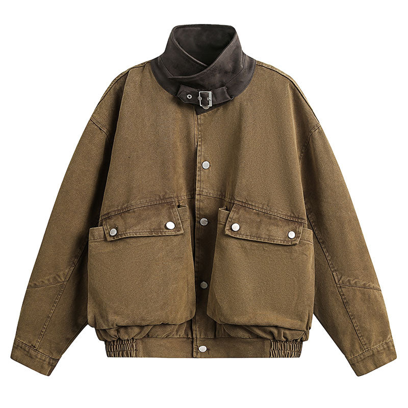 Washed Patchwork Lapel Cargo Jacket – American Retro Oversized Unisex