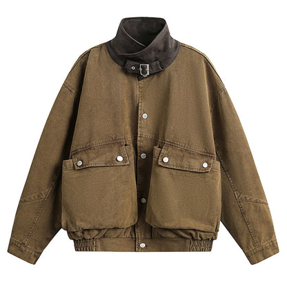 Washed Patchwork Lapel Cargo Jacket – American Retro Oversized Unisex