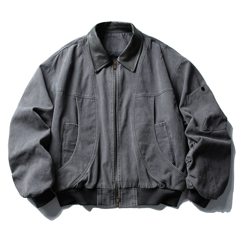 Vintage Washed Leather-Collar Cargo Jacket – Loose Barn Style (Unisex)