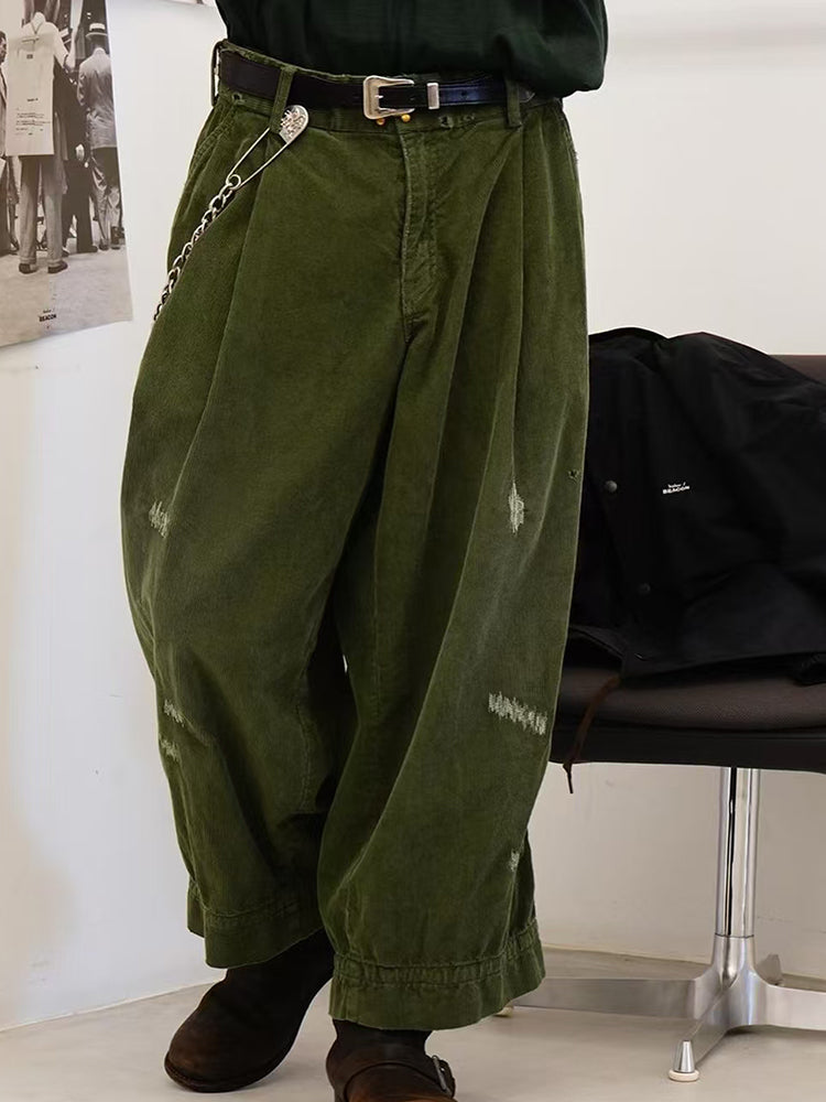 Japanese two-tone casual trend distressed unisex loose corduroy pants