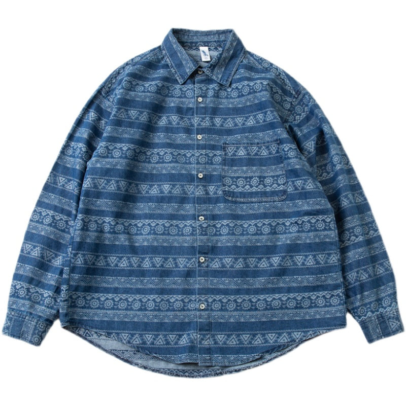 Spring and summer ethnic style youth retro men's loose shirt denim long-sleeved casual shirt top men's trend