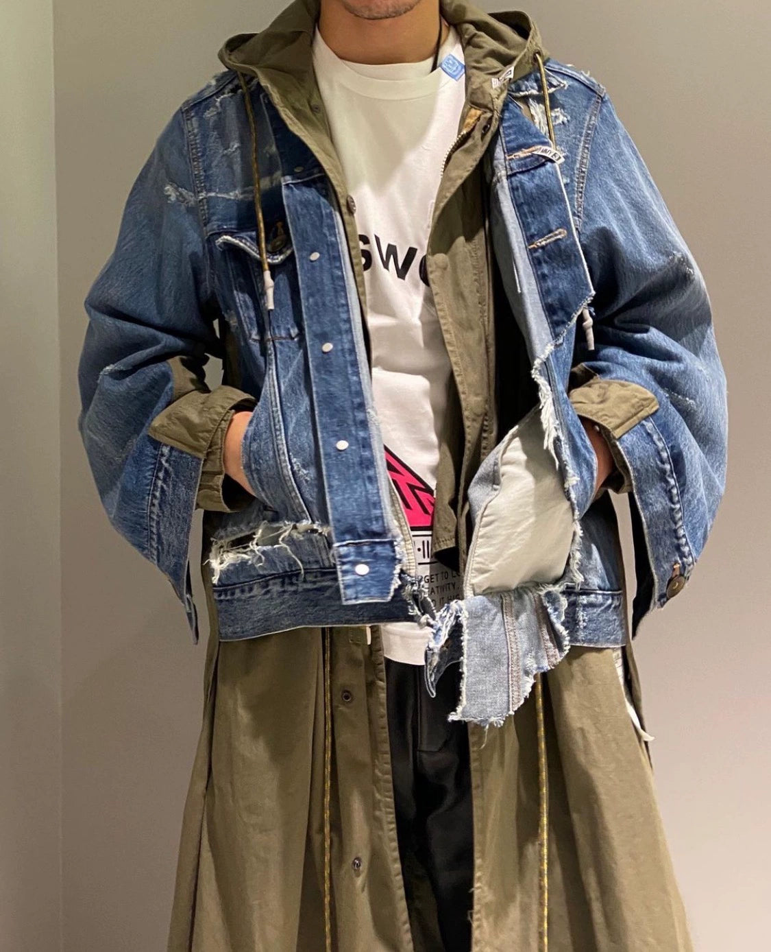 MIHARA YASUHIRO Mihara Yasuhiro Spring and Autumn Destroyed Denim Stitching Army Green Windbreaker Jacket