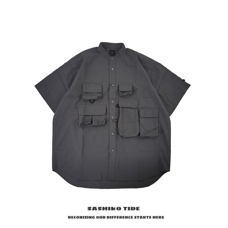Japanese cityboy function casual loose multi-pocket suit short sleeve shirt