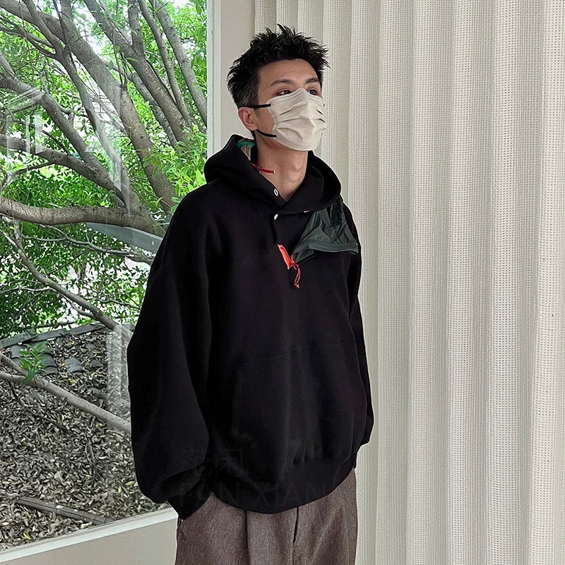 Three-color pure cotton Japanese nylon splicing irregular hooded loose sweatshirt